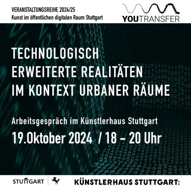 KUNSTFORM IM ÖFFENTLICHEN DIGITALEN RAUM?

19.10.2024

TECHNOLOGISCH ERWEITERETE REALITÄTEN

Arbeitsgespräch im Künstlerhaus Stuttgart

Wir laden Sie herzlich ein zu unserer kommenden Diskursveranstaltung im Künstlerhaus Stuttgart:

Samstag, 19. Oktober 2024, 18 – 20 Uhr

Thema: Technologisch erweiterte Realitäten im Kontext urbaner Räume

Unsere Gäste:

Prof. Dr. phil. Lars C. Grabbe: Professor für Theorie der Wahrnehmung, Kommunikation und Medien @larsgrabbe_msd_mediatheory

Dr. des. Jens Fehrenbacher: Postdoctoral Researcher im Projekt „InVirtuo 4.0: Experimentelle Forschung in virtuellen Umgebungen“
@jens_fehrenbacher

Markus Passecker: Künstler und Entwickler von VDONAUKANAL
@vdonaukanal

Worum geht es?
Unsere Smartphones und andere digitale Geräte durchdringen zunehmend unsere Wahrnehmung der Stadt. Digitale Inhalte verschmelzen mit unserer Umgebung und schaffen neue Formen der „erweiterten Realität“. Doch was bedeutet das für unsere Wahrnehmung, unser Denken und unsere Städte?

Wie verändert sich unser Verhältnis zur Stadt durch Technologien wie Augmented Reality?

Welche Rolle spielen künstlerische Projekte bei der Gestaltung dieser neuen Realität?

Welche Chancen und Risiken birgt die zunehmende Verschmelzung von analoger und digitaler Welt für die Kunst im öffentlichen Raum?

In unserem Gespräch möchten wir diese Fragen beleuchten und gemeinsam diskutieren, wie wir uns in dieser sich wandelnden Welt orientieren können.

Die Diskursveranstaltung ist Teil der Reihe des Kunstvereins YouTransfer e.V. zum Thema Kunst im digitalen öffentlichen Raum. Ziel ist es, die Schnittstellen zwischen analogem und digitalem Raum in der Kunst zu erforschen und einen strukturellen Rahmen für zukünftige Entwicklungen zu schaffen.

Wir freuen uns auf Ihr Kommen und einen spannenden Austausch!

YouTransfer e.V.
@daniel.beerstecher
@herr_clair
@pfeffelsimon
@marie_lienhard_art

#Kunstimöffentlichenraum #Kunst #digital #erweiterterealität #kunstinstuttgart