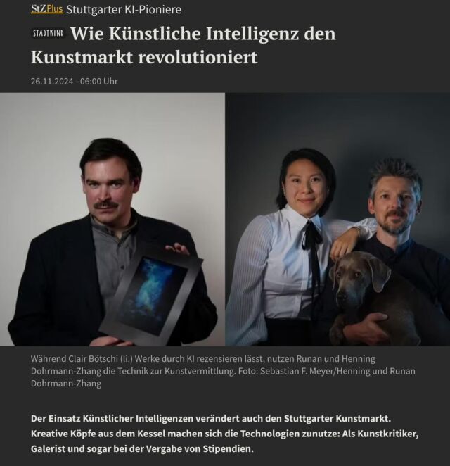 📢 AIDEN in der Presse! 📰

Die Stuttgarter Zeitung berichtet heute über unser KI-Kunstprojekt AIDEN und wie es die Kunstwelt verändert. 🎨🤖 Dabei geht es auch um Kunst im digitalen öffentlichen Raum und unser aktuelles Stipendienprogramm, bei dem Aiden die Bewerbungen bewertet.

💡 Noch bis zum 30.11. könnt ihr euch bewerben! Infos und Link zur Ausschreibung findet ihr in unserer Bio. 🔗

Mehr über Aiden und die Zukunft von Kunst und KI im Artikel – Link ebenfalls in der Bio!

Vielen Dank an @stadtkindstuttgart und @stuttgarterzeitung für den tollen Artikel! #stuttgart #stuttgartinnovation #startup #kesselliebe #stadtkind #youtransfer #aiden #kikunst #aiart #aiartcommunity #regionstuttgart #kreativwirtschaft #kunstinstuttgart #kulturpolitik #kunstkritik #kunstgeschichte #kunststipendium #wagenhallen #artcritic #studiovisit #kunstimöffentlichenraum #kultur #kulturinstuttgart #benztownartists #kulturregionstuttgart #medienkunst #generativeart #digitalart #cybervalley #künstlicheintelligenz @aicritique